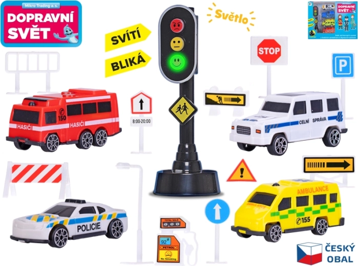 Set autootjes met verkeersborden en stoplicht met licht, 4 stuks