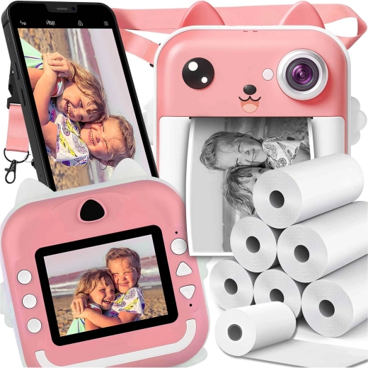 Kinderinstantcamera Renew Force met thermische printer, roze, met 6 rollen papier