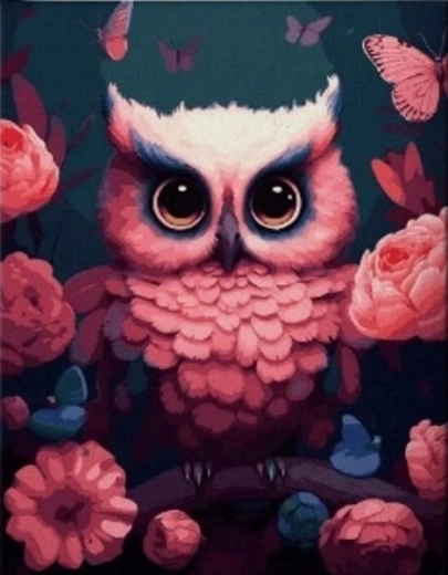 Diamantschilderen Roze uil 30 × 40 cm