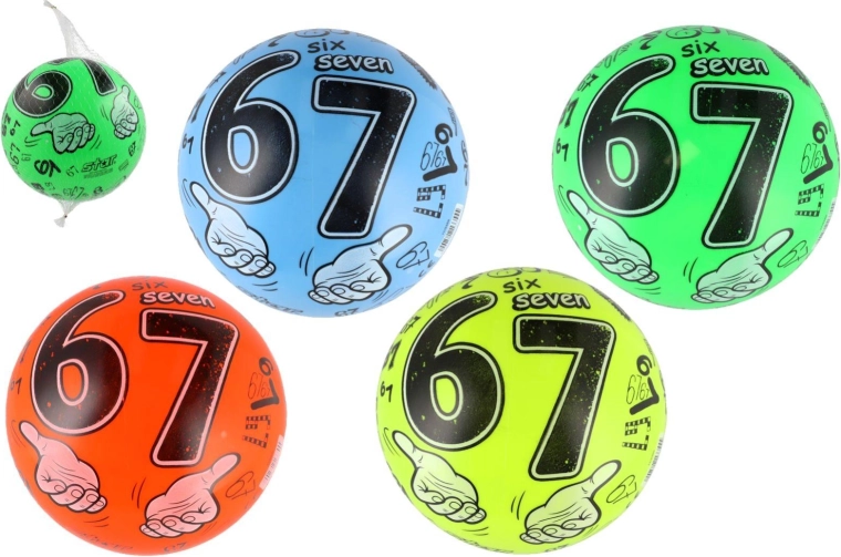 Opblaasbare bal 23 cm – nummer 67, Six Seven-motief, 4 kleuren
