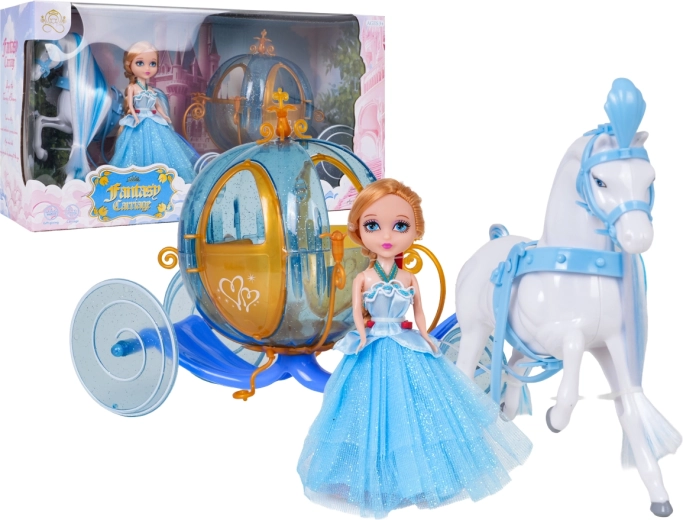 Blauwe sprookjeskoets met wit paard en pop van een kleine prinses - 1 stuk