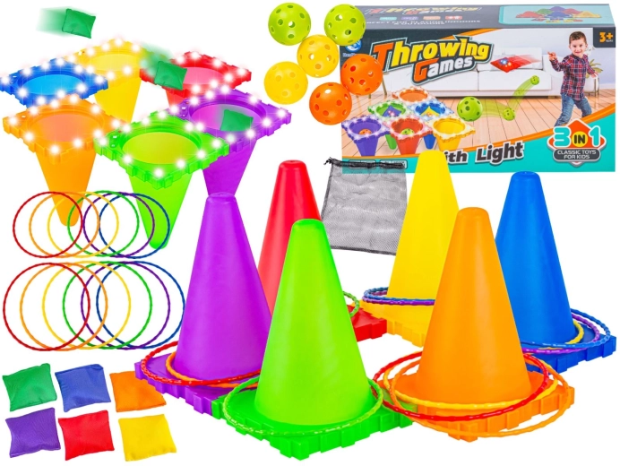 Behendigheidsspel 3-in-1 – mikken met LED-pionnen, ballen, werpzakjes en ringen