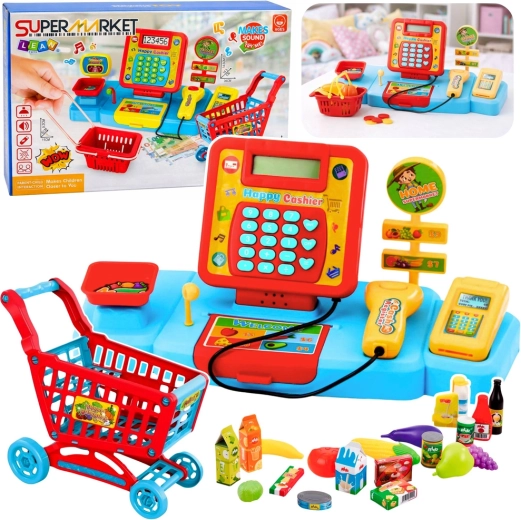 Interactieve kinderkassa supermarkt met winkelwagentje, scanner en weegschaal