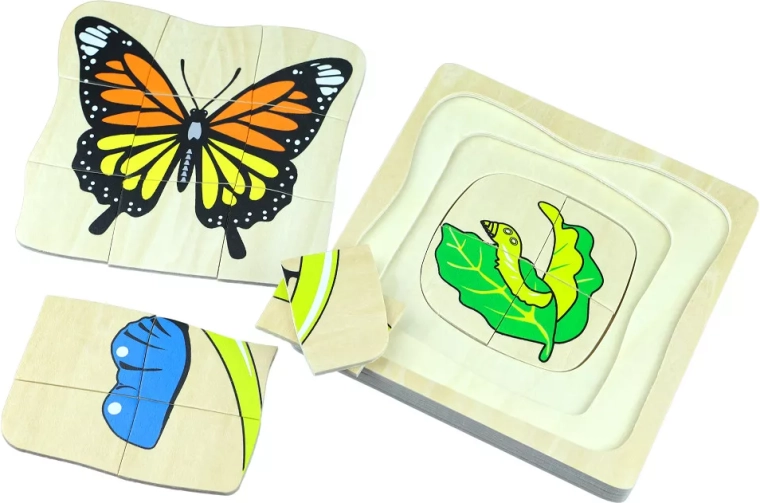 Levenscyclus van een vlinder – houten meerlaagse Montessori-puzzel