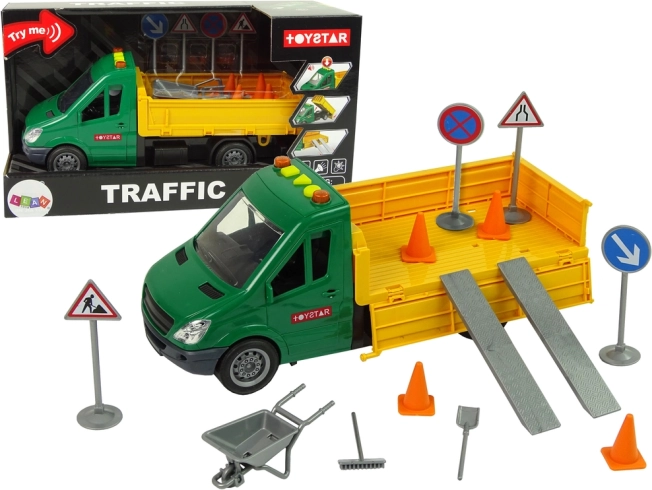 wegkiepvrachtwagen met frictieaandrijving en verkeerstoevoegingen