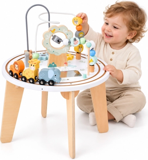 Houten sensorische educatieve tafel met doolhof en treintje met dieren