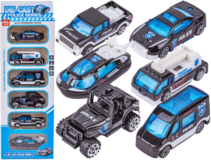 Metalen politieautootjes 1:64 – set van 6 stuks