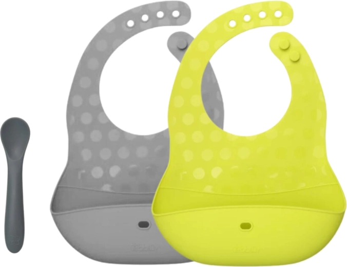 Bblüv Pöket set siliconen slabbetjes en lepel lime/grey