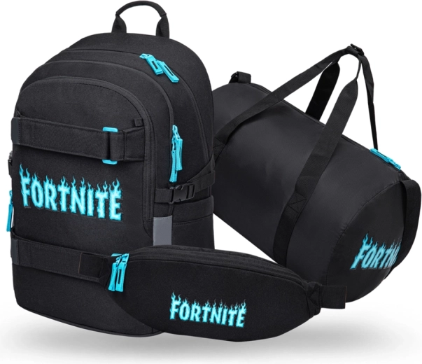 Baagl-set Fortnite blauw – schoolrugzak Skate, sporttas Hoop en heuptas Snap