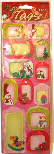 3D kerstcadeaulabels met glitters – set van 12 stuks, mix van motieven