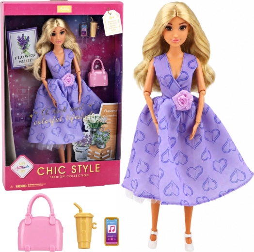 Anlily modepop in paarse jurk met hartjes, met handtas en accessoires
