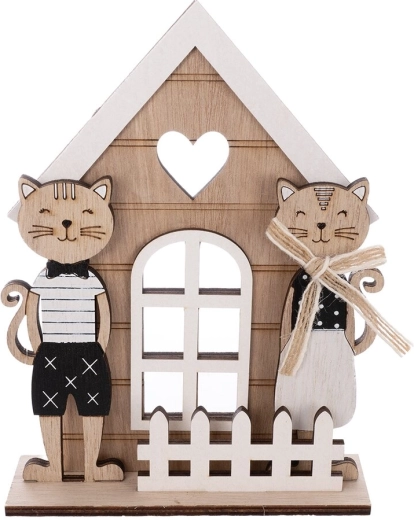 Houten huisje met kattenmotief beige