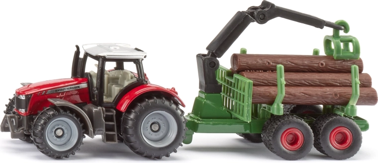 Siku tractor Massey Ferguson met bosbouwaanhanger en boomstammen