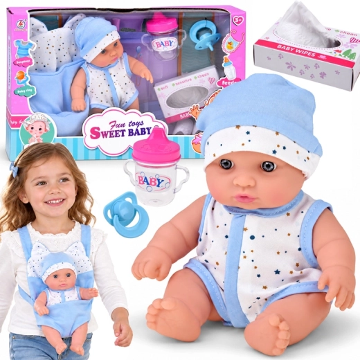 Babypop 20 cm in draagzak met speen, flesje en accessoires