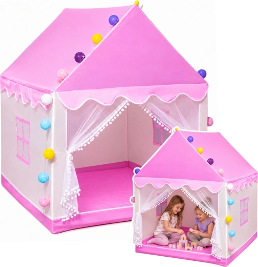 Kinder speeltent huisje met LED-lampjes voor de kamer, roze