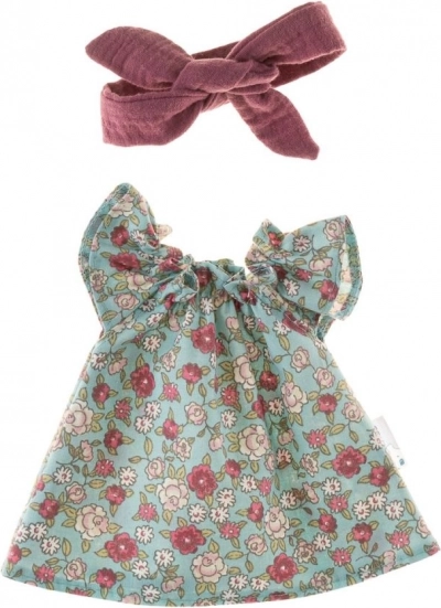 Jurk met haarband voor pop 38 cm heidebloemen