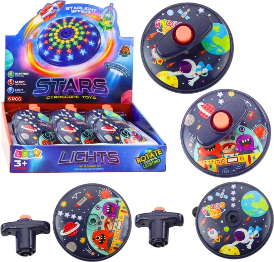 Lichtgevende ruimte-schijf met geluid – draaiende UFO-tol