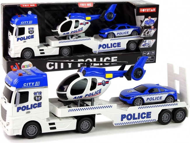 Politie set met vrachtwagen, auto en helikopter met licht- en geluidseffecten