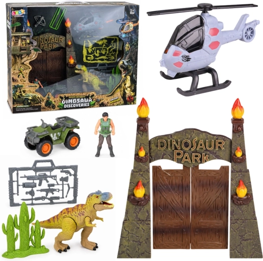 Basis Dino-park met poort, helikopter, quad en figuren