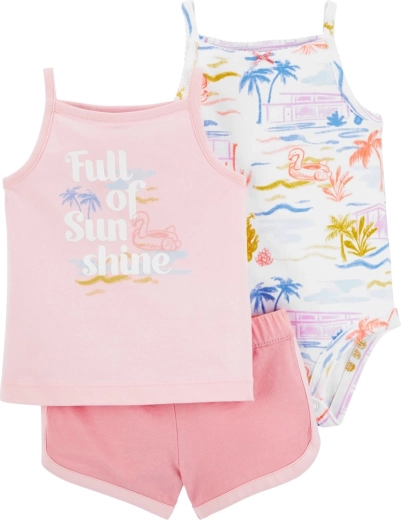 Carter’s driedelige babyset Pink Sunshine (romper met schouderbandjes, hemdje en korte broek)