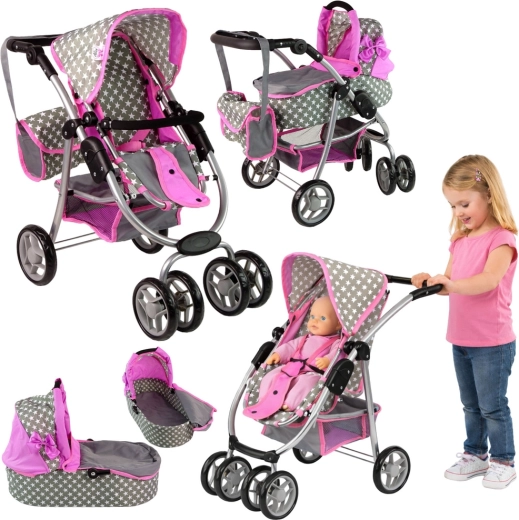 Poppenwagen 2-in-1 met reiswieg en tas met sterren – Roze-grijs met sterren (4325)