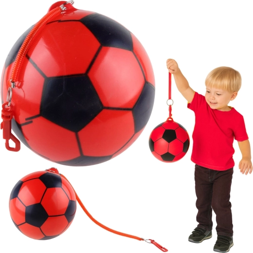 Rubberen bal met voetbalpatroon met elastische bevestiging, rood, 22 cm