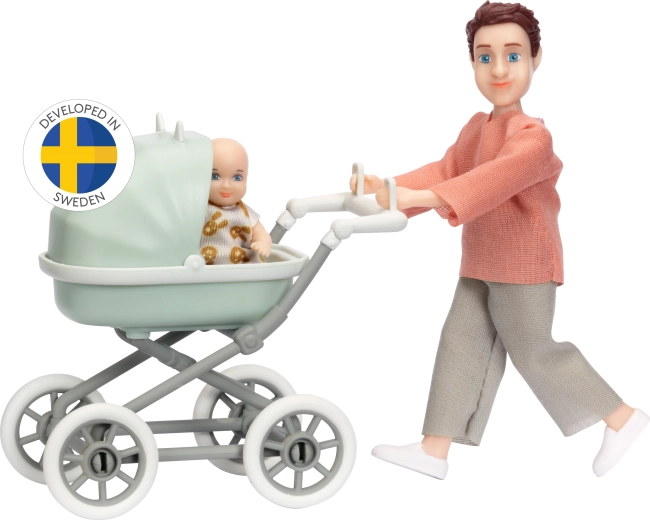 Lundby set vader met baby en kinderwagen