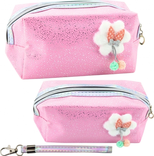 Roze cosmetica-etui met strikje en glitter