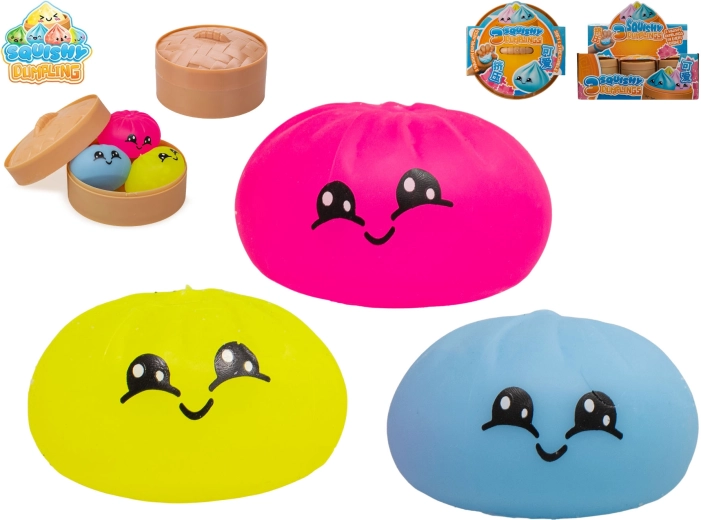 Dumpling – set van 3 antistress knijpspeeltjes in een mandje