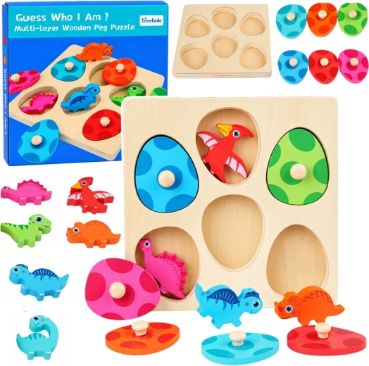 Educatieve houten puzzel met dinosaurussen en knopjes