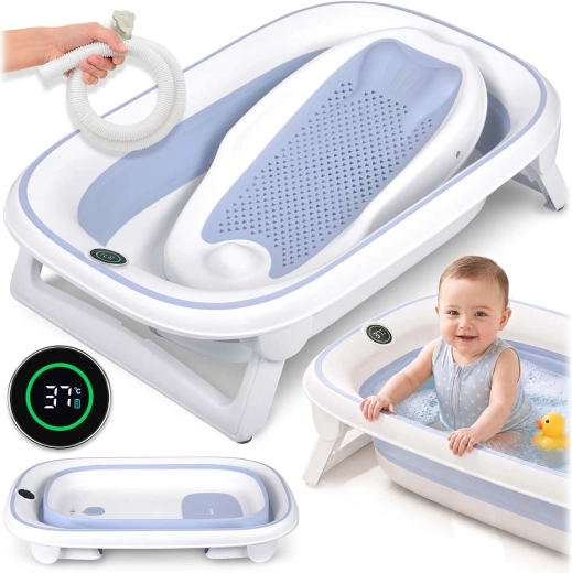 Opvouwbaar babybadje Nukido met thermometer en newborn-inzet, wit-blauw