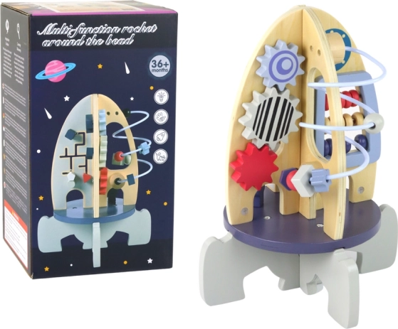 Houten educatieve raket met kralenlabyrint en tandwielen