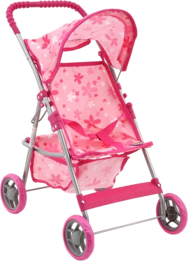 Roze poppenbuggy met bloemen en mandje