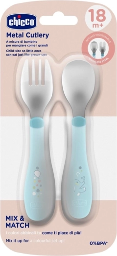 Chicco roestvrijstalen lepel en vork, teal, vanaf 18 maanden