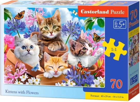 Puzzel 70 stukjes Kittens met bloemen