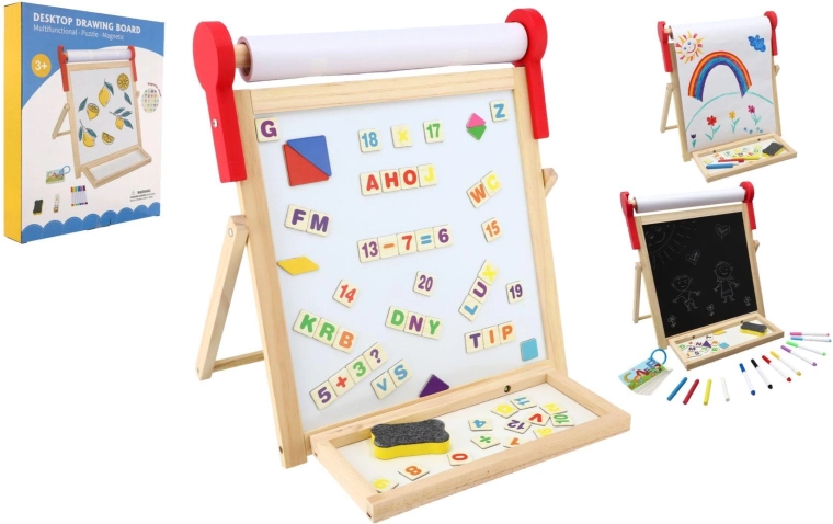 Dubbelzijdig magnetisch houten kinderborden 33 × 33 cm met papierrol en accessoires