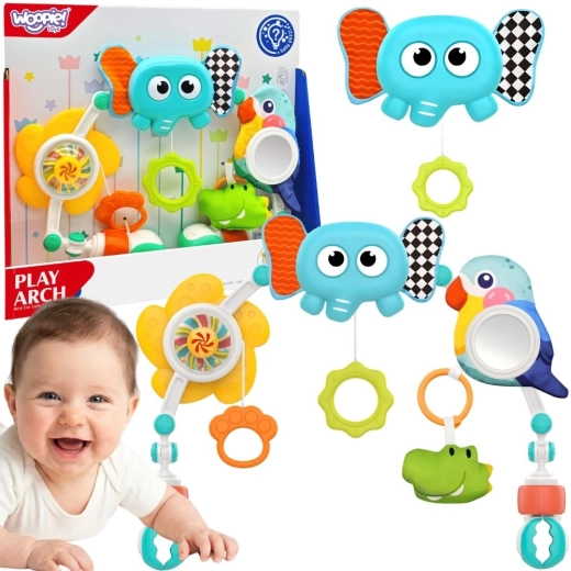 Woopie baby sensorische boog met speeltjes voor ledikant en kinderwagen – olifant en papegaai