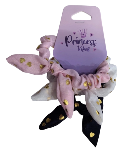 PINK set scrunchie-haarelastiekjes met strik en gouden hartjes - 3 stuks