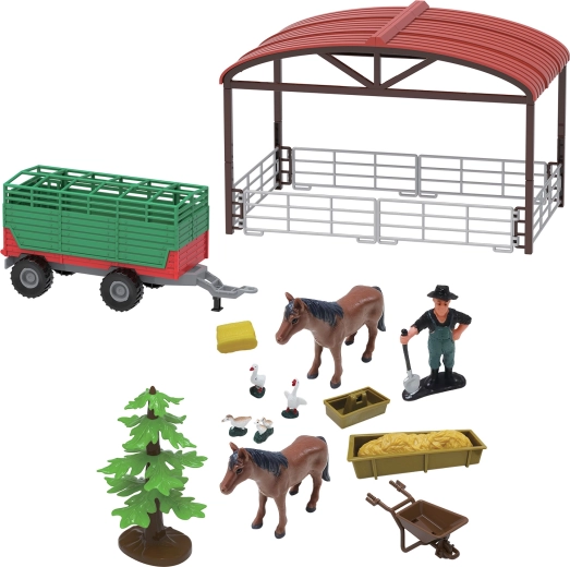 Speelset boerderij met tractor en aanhanger met licht en geluid, 16 stuks