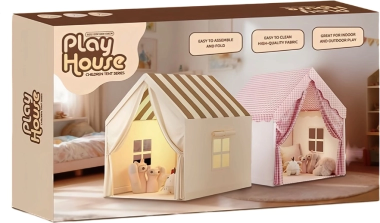 Opvouwbare kindertent huisje voor in de kamer beige met gestreept dak