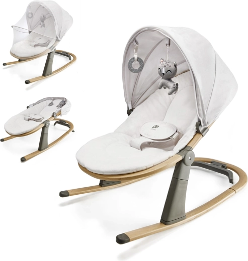 Kinderkraft wipstoeltje en schommelstoel Elsu Grey tot 9 kg met kap en speelgoed