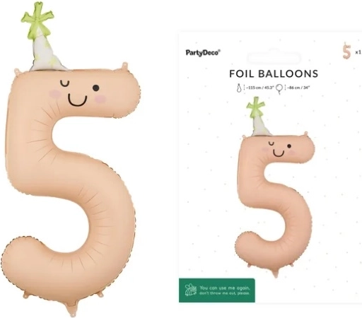Folieballon cijfer 5 perzikkleurig met gezicht 86 cm