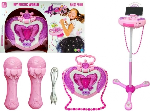 Roze karaokeset voor kinderen met standaard, twee microfoons en hartvormig sieradendoosje