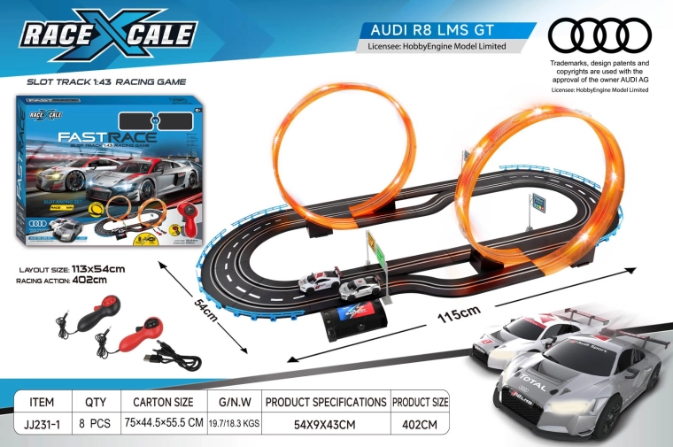 Racebaan met afstandsbediening Audi R8 1:43, 115 × 54 cm