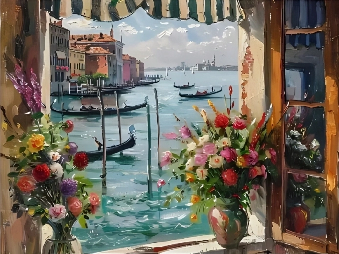 Norimpex schilderen op nummer Venster met uitzicht op een Venetiaanse haven 40 × 50 cm