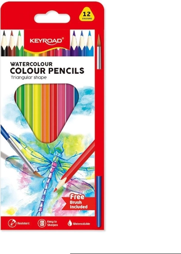 Aquarelpotloden KEYROAD driekantig 12 kleuren met penseel
