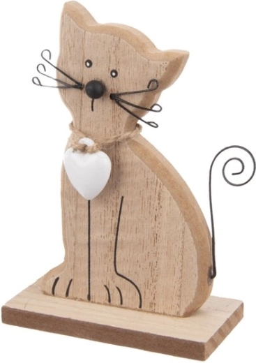 Houten decoratie kat met hart bruin 10 cm