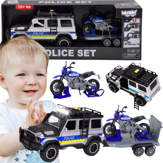 Woopie politie-terreinwagen met aanhanger en motor