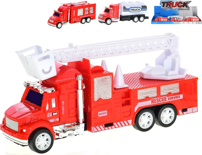 Klein brandweerautootje van kunststof met vliegwiel 12,5 cm – ladder, tankwagen en spuitwagen