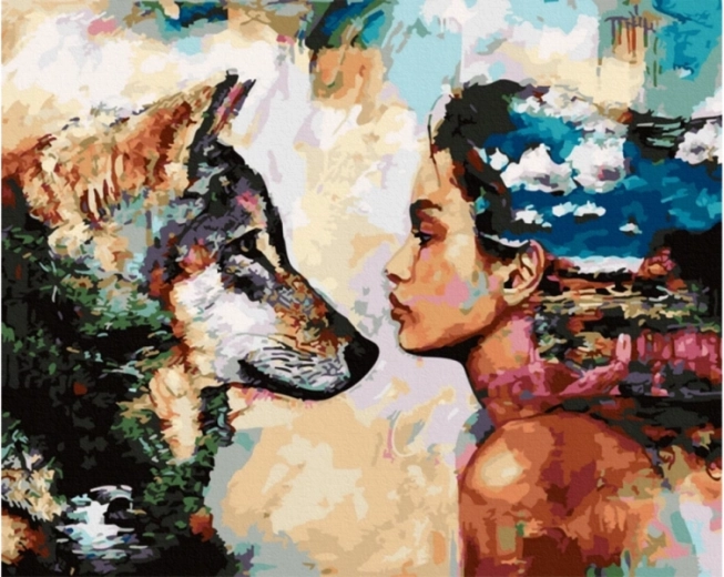 Schilderij om te schilderen op nummer 50 × 40 cm Uitzicht – wolf en vrouw